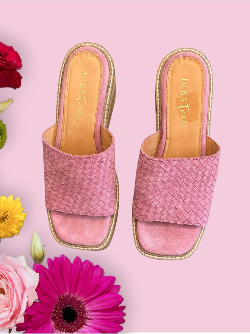 DIBA True Stare Down Pink Woven Leather Suede Slide Mules Wedge